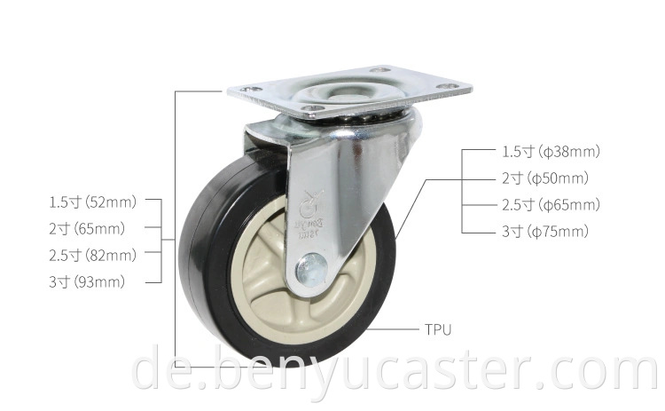 1,5/2/2,5/3 Zoll leichte diente leise laufende Top Plate Swival PU Stuhl Wheel